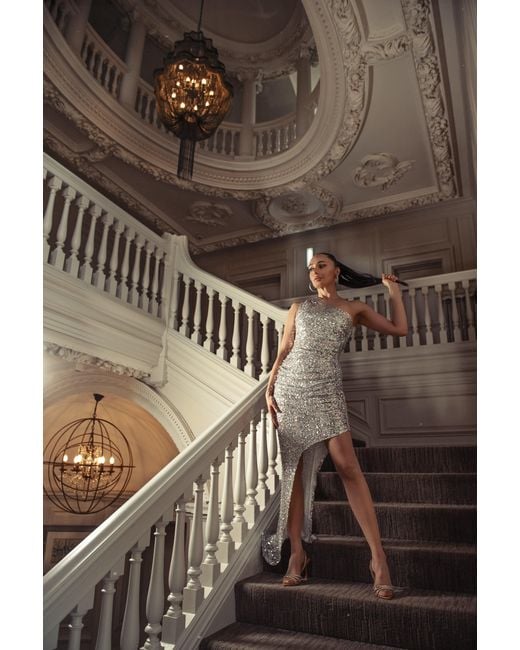 Monice London Gray Mimi One Shoulder Asymmetric Sequin Dress