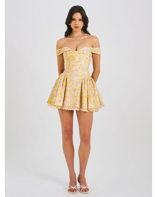 Miss Circle New York Yellow Oana Floral Print Linen Collared Off Shoulder Mini Dress