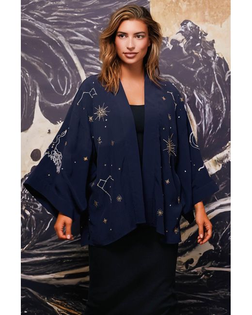 Artemis Muse Blue Cosmos Embroidered, Ivory & Fully Lined Short Kimono
