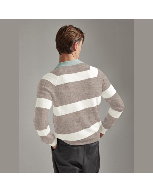 Salts Cashmere Gray Split Neck Polo Stripe Sweater