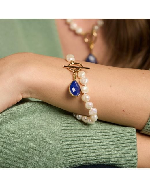 Pearls of the Orient Online Metallic Clara Irregular Cultured Freshwater Pearls Bracelet With A Lapis Lazuli Drop Pendant