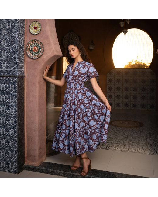 Echo of Pink Blue Evelyn Hand Block Print Maxi Cotton Tiered Dress