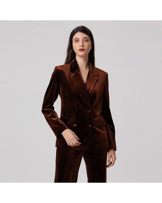 Smart and Joy Brown Double Breasted Velvet Suit Blazer