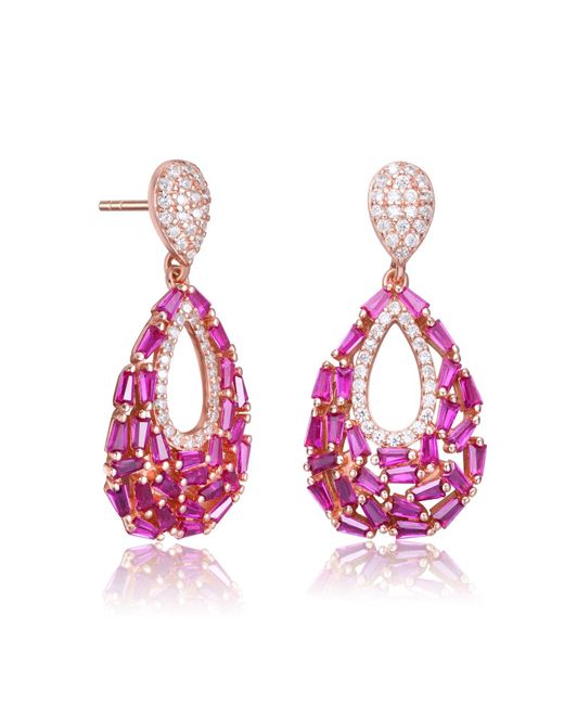 Genevive Jewelry Pink Sterling Silver Rosse Gold Plated Baguette And Round Ruby Cubic Zirconia Pear Shape Drop Earrings