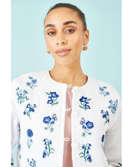 Yumi' Blue Floral Embroidery Reversible Cotton Jacket