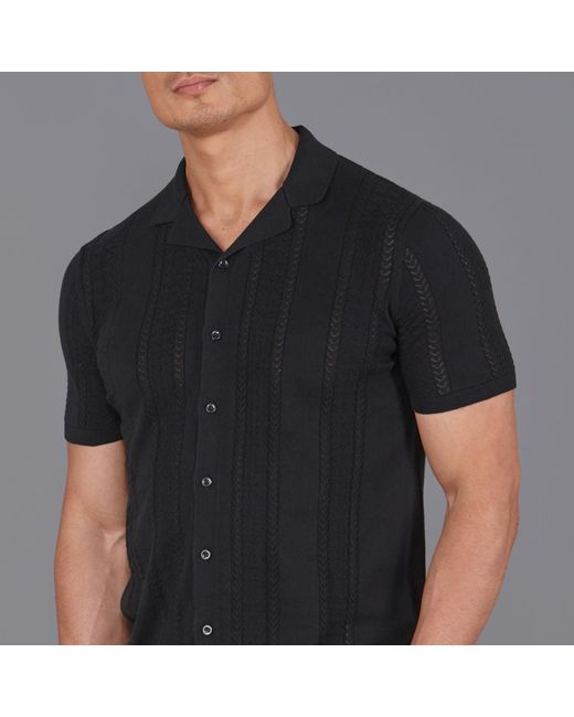 Paul James Knitwear Black Ultra Fine Cotton Santiago Open Knit Cuban Collar Shirt for men