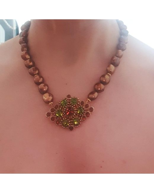 Way to Chic Metallic Elegant Bronze Pearl Necklace With Vintage Crystal Brooch Pendant