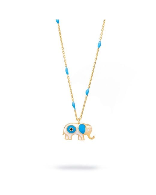 Ebru Jewelry Metallic Wishful Elephant & Evil Eye Enamel Pendant Chain Necklace