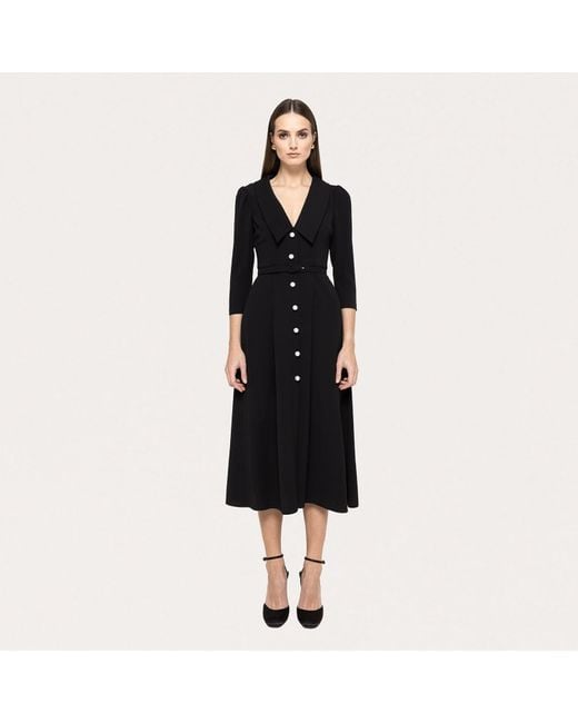 Nissa Black Faux-Pearl Buttons Midi Dress