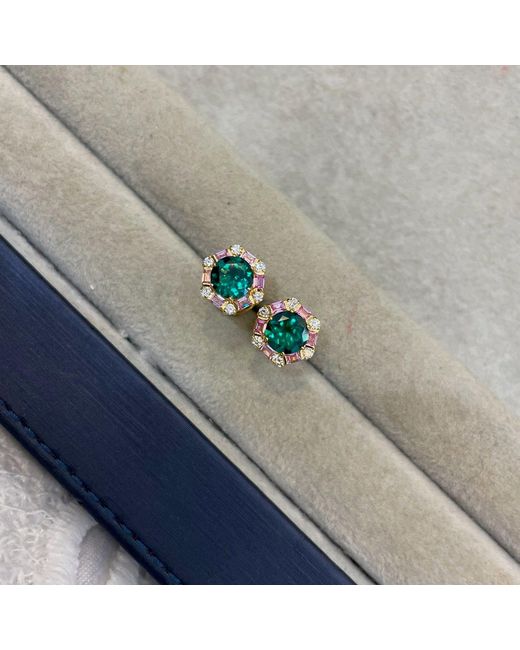 Juvetti Green Melba Emerald, Sapphire & Diamond Halo Hexagon Stud Earrings