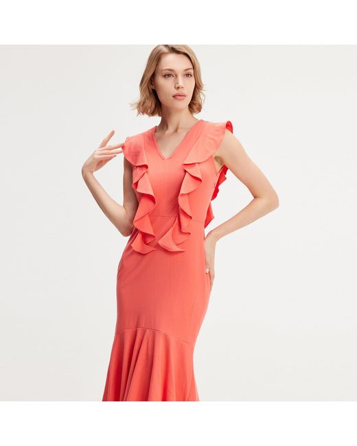 Smart and Joy Red Jersey Dress With Wide Ruffles