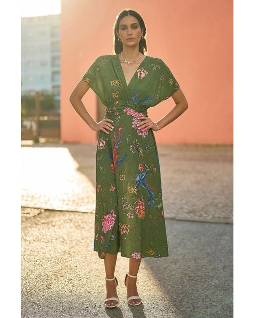 Yumi' Green Bird And Floral Print Ruched Waist Kimono Midi Dress