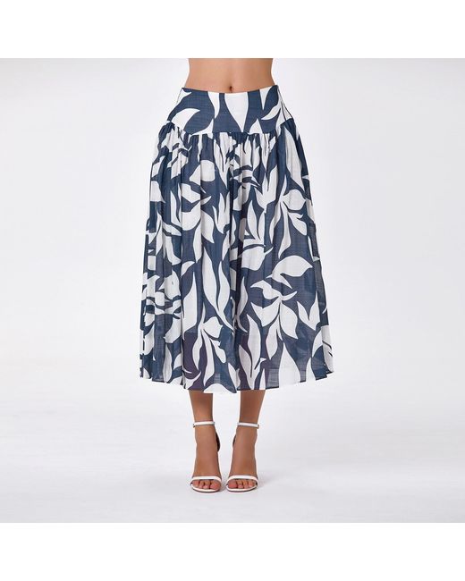 Smart and Joy Blue Midi Cotton Skirt With Leaf Print