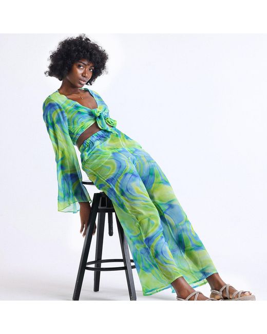 LOVEIST STORE Green Estera Chiffon Wide-Leg Trousers & Tie-Front Blouse Co-Ord Set