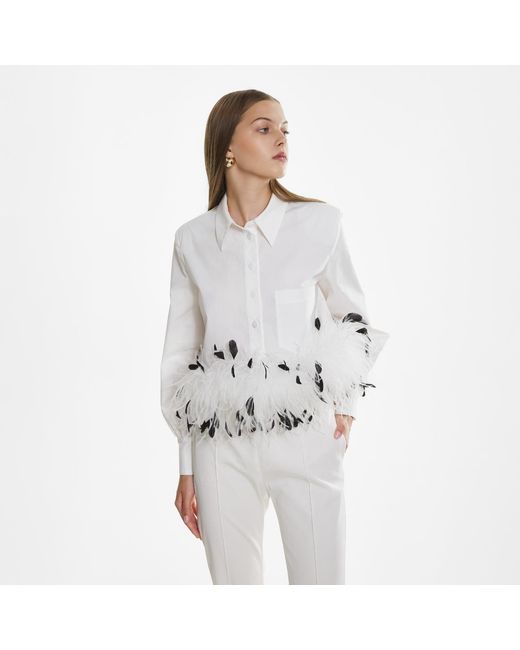 Lita Couture Gray Cropped Feather-Trim Shirt