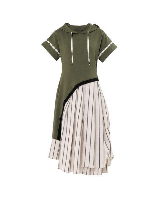 Metamorph Green Hooded Asymmetric Dress With Striped Skirt