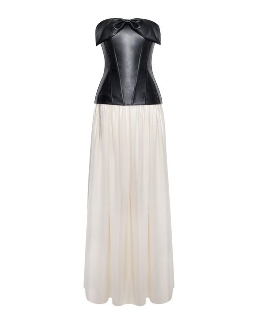 Miss Circle New York White Maayan Vegan Leather Corset High Slit Drop Waist Maxi Dress