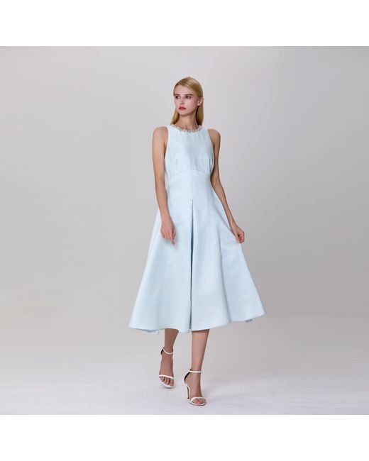 Smart and Joy Blue Fit-And-Flare Collar Trim Textured Jacquard Dress