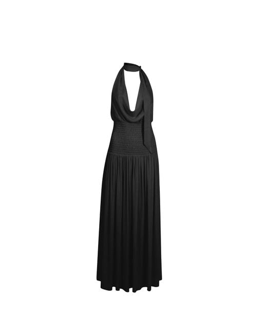 House of Ika Black Cowl Drape Smocked Waist Dress
