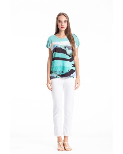 Conquista Green Short Sleeve Print Top By