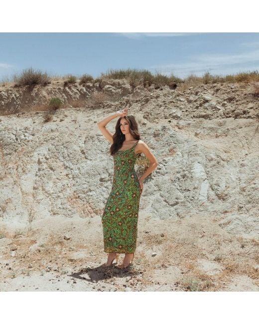 Mac Duggal Green Sleeveless Embellished Floral Maxi Dress