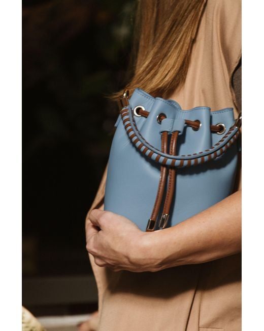 Saonara Brand Blue Mini Bucket Bag Sky Caramel Leather