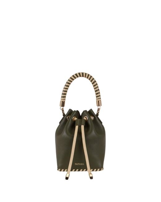 Saonara Brand Metallic Mini Bucket Bag Army Cream Leather