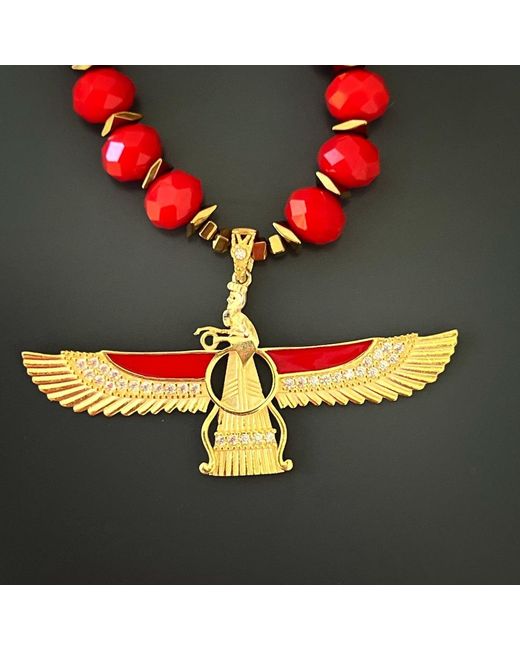 Ebru Jewelry Divine Protection Faravahar Symbol Pendant Red Beaded Necklace