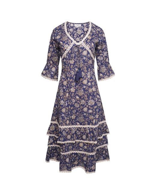 LAtelier London Blue Floral Block Print Cotton Dress