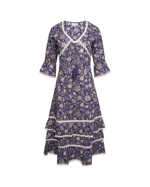 LAtelier London Blue Valentina Navy Floral Block Print Cotton Short Dress