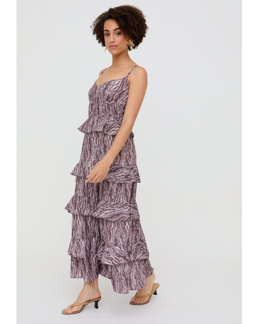 Raffya Brown Tangiers Tiered Line Print Maxi Dress