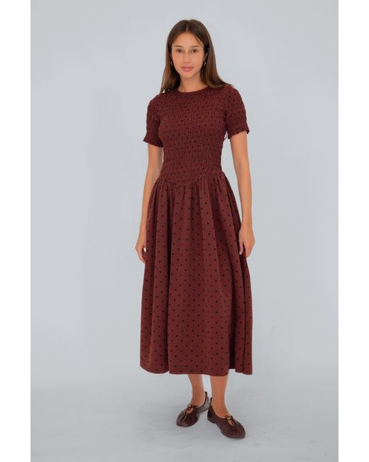 Amy Lynn Red Beatrix Smocked Plum Polka Dot Midi Dress