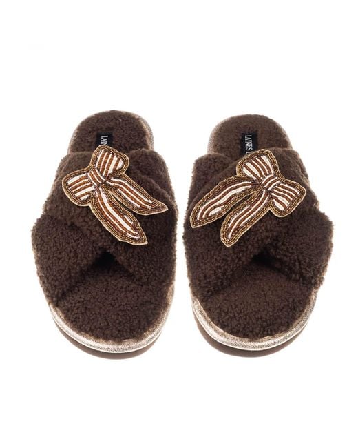 Laines London Brown Neutrals Neutral Boucle Slippers With & Pearl Beaded Stripe Bow Brooches