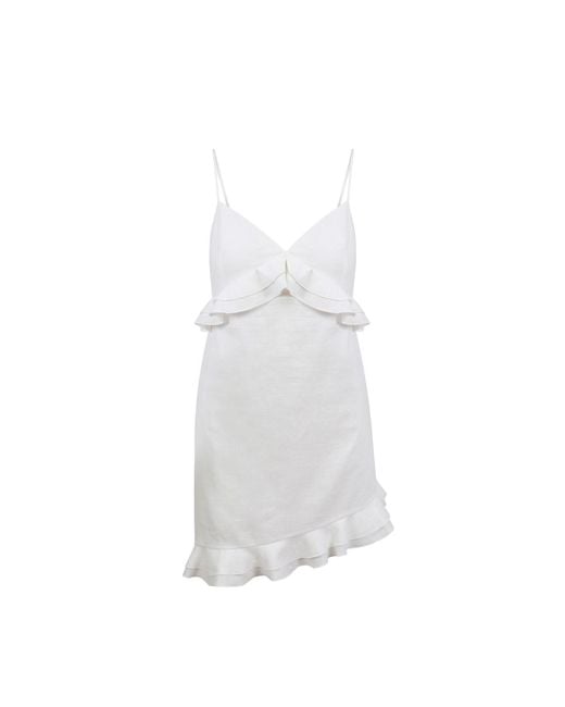 House of Ika White Ruffle Trim Linen Mini Dress