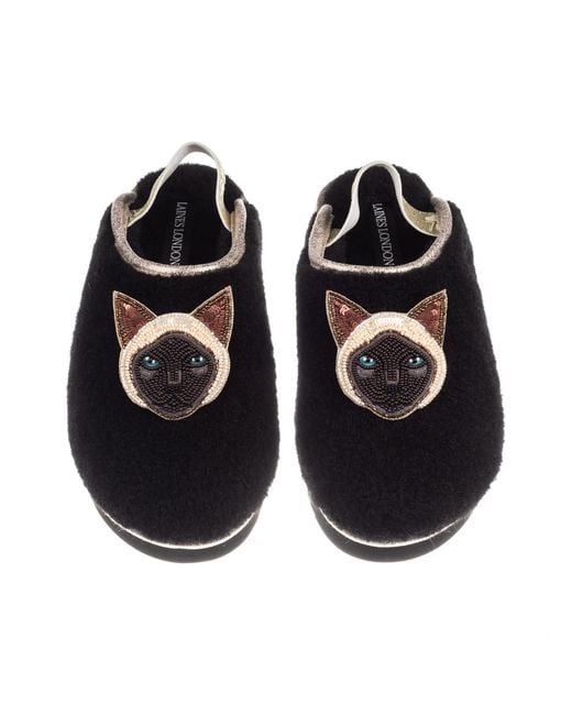 Laines London Black Flatform Cloud Slippers With Double Siamese Cat Brooches
