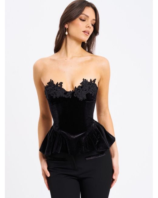Miss Circle New York Black Qiara Velvet Peplum Top With Lace Trim