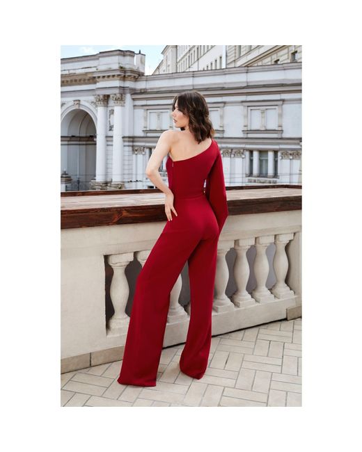 Nomi Fame Red Sophi Royal Wine One Sleeve Asymmetric Neckline Jumpsuit