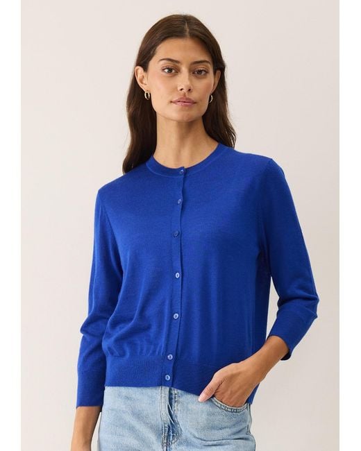 Loop Cashmere Blue Three Quarter Sleeve Crew Neck Cardigan