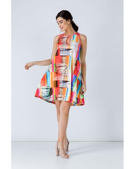 Conquista Red Coral A Line Print Dress