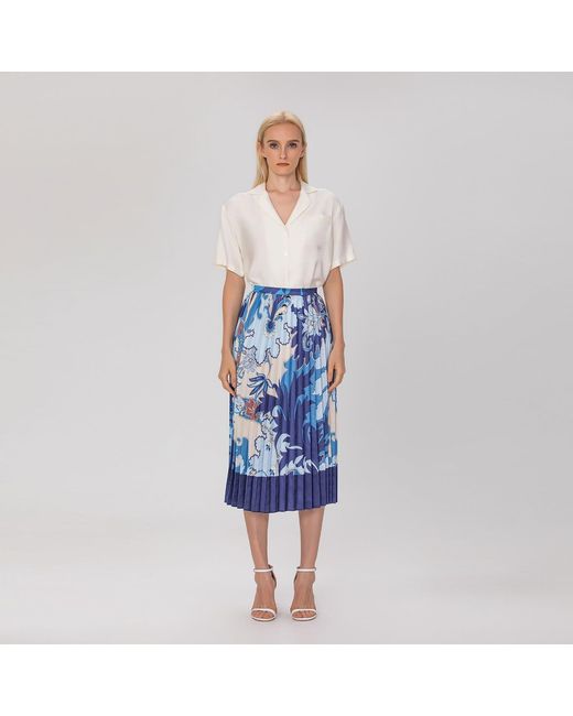 Smart and Joy Blue Pleated Midi Skirt With Print