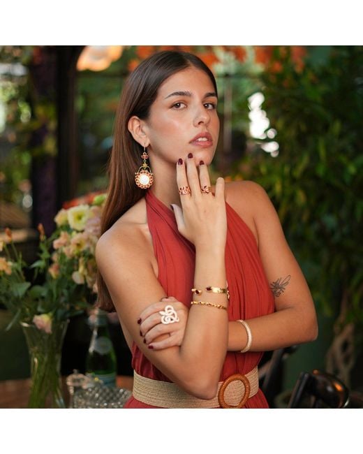 Ebru Jewelry Metallic Teardrop Ruby Stone & Adjustable Statement Ring
