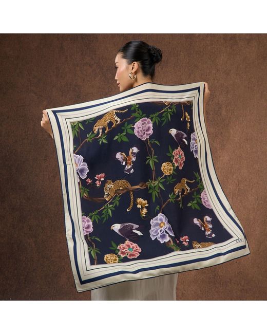 Silk and Bears Blue Midnight Safari Wool Silk Scarf – Animal Print Wrap, Hand-Rolled Hem, Winter Gift