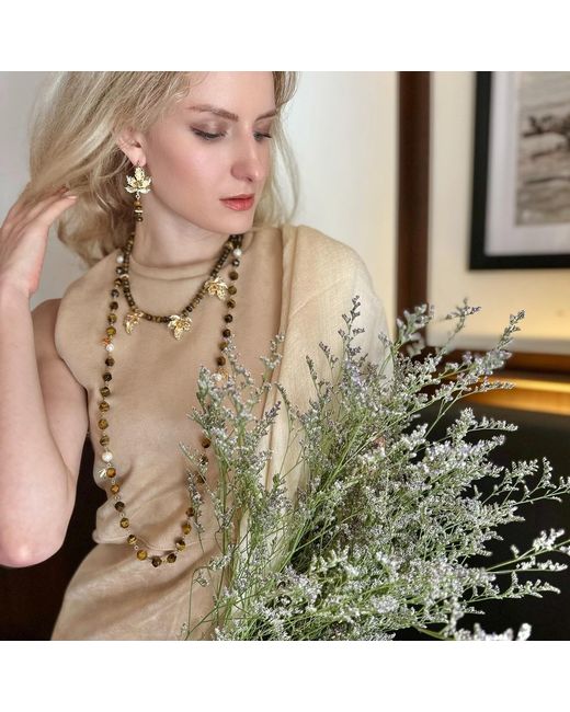 Farra Metallic Tiger Eye With Freshwater Pearls Long Station Necklace