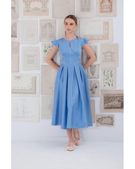 Georgette Blue Powder Polka Dot Midi Dress