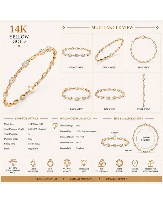 Aya Fine Jewelry Metallic Pear Cut Lab Grown Diamond Link Bracelet