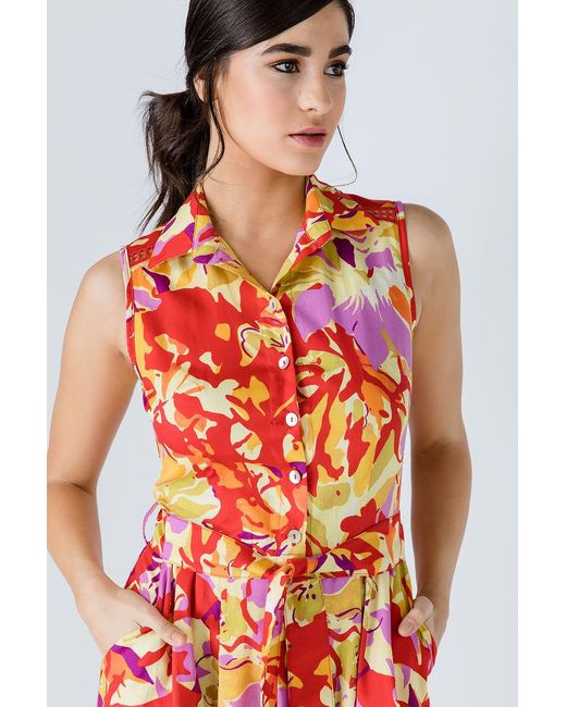 Conquista Orange Button Detail Multicoloured Print Dress