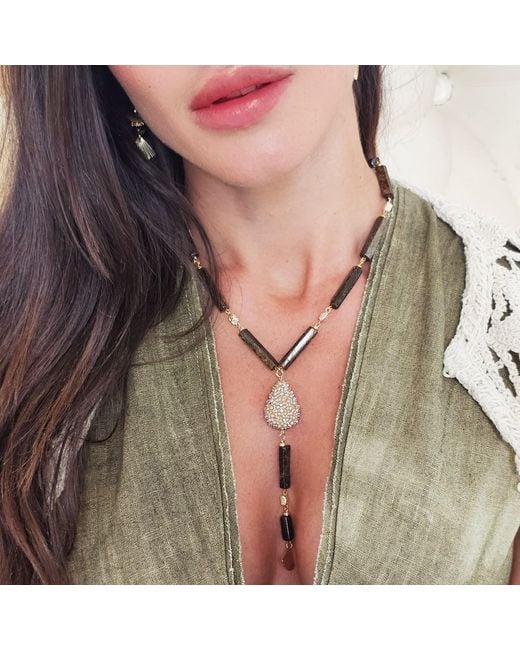 Farra Brown Y Shaped Tiger-Eye Stone With Rhinestone Tassel Lariat Necklace