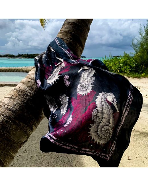 Lamberty Munich Blue Seahorses And Corals Italian Mulberry Silk Scarf Darkest