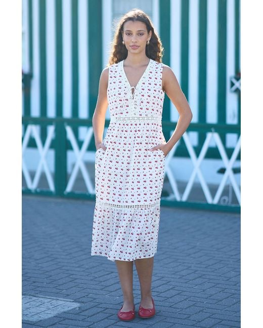 Yumi' White Cherry Print Lace Trim Cotton Midi Dress