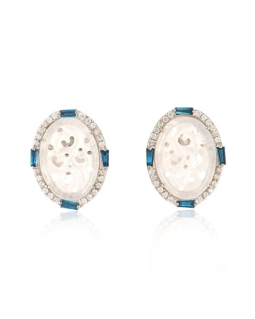 Artisan Metallic White Gold Diamond Jade Victorian Carving Stud Earrings Handmade Jewelry